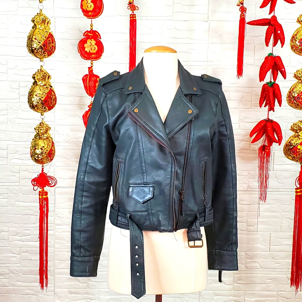 Real leather dark greyish teal biker look jacket